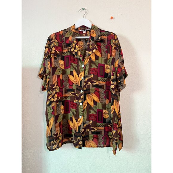 Vintage Ship N Shore Women Short Sleeve Button-Up Shirt 2X Abstract Floral Print - Picture 1 of 9